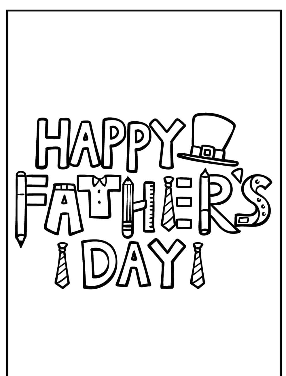 Fathers Day 桌布 壁紙 — 黑白線條藝術插圖，描繪「父親節快樂」，字母形狀融入帽子、鉛筆和領帶，充滿趣味。