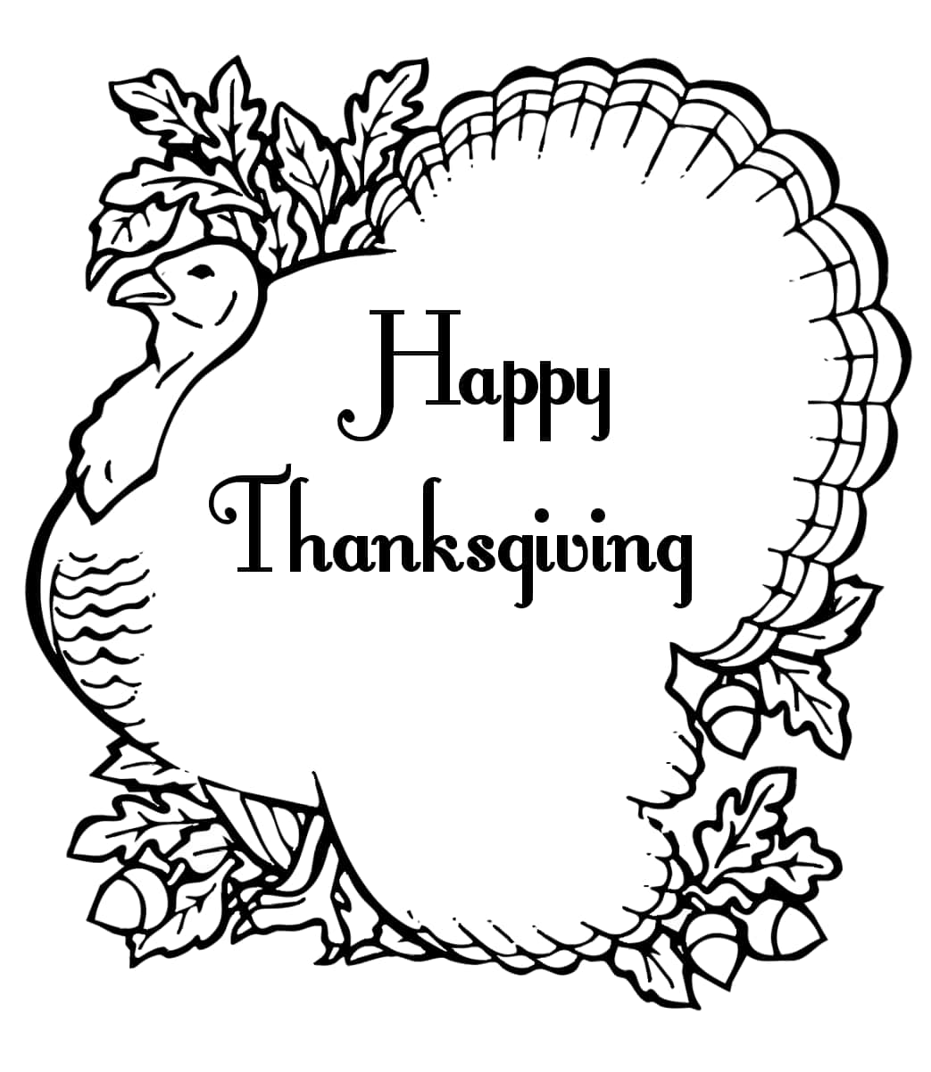 Thanksgiving Coloring 桌布 壁紙 — 黑白線條藝術的火雞花環，搭配橡果和樹葉，環繞著「Happy Thanksgiving」文字。