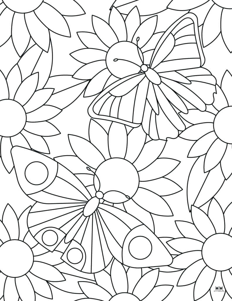 Butterfly Coloring Pages 桌布 壁紙 — 黑白線條藝術著色頁，以重複圖案呈現風格化的蝴蝶和雛菊。