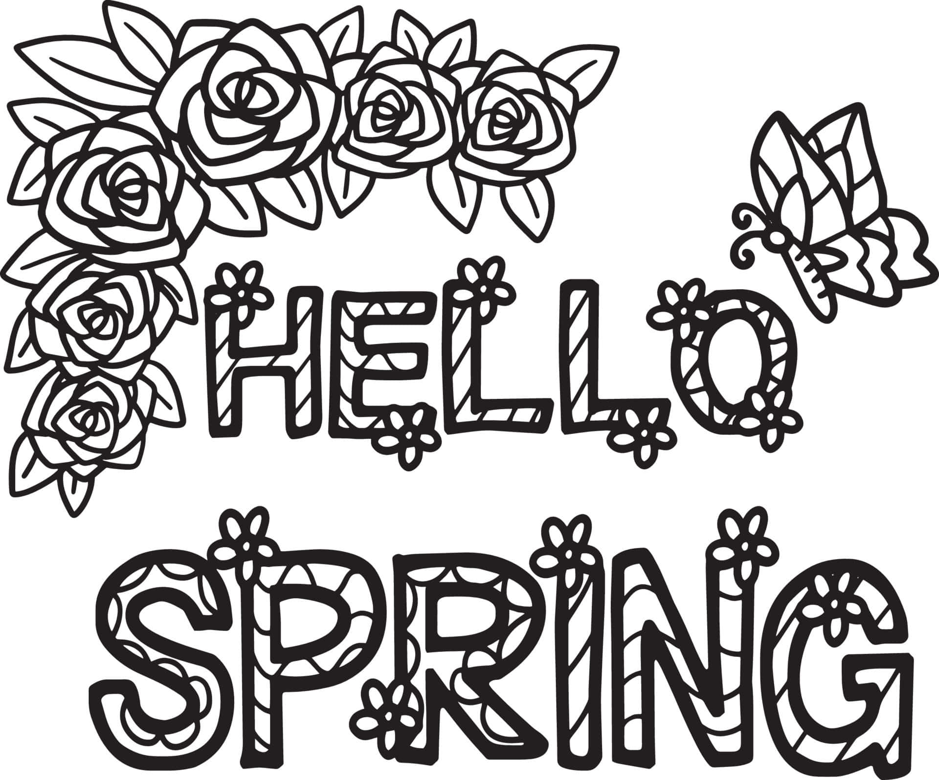 Spring Coloring 桌布 壁紙 — 黑白線條藝術風格的「hello spring」文字，飾以玫瑰和蝴蝶。