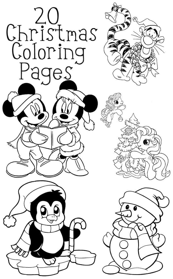 Christmas Coloring 桌布 壁紙 — 黑白聖誕著色頁，包含米奇、米妮、跳跳虎、小馬寶莉、企鵝和雪人。