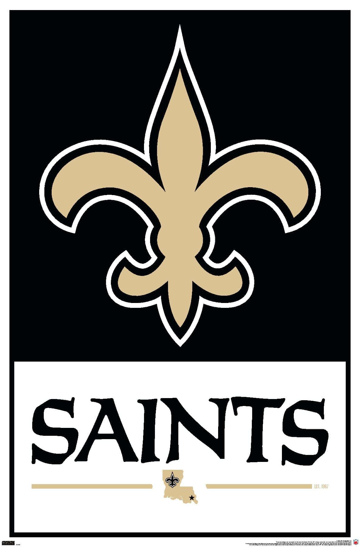 聖徒 桌布 壁紙 — 黑白色背景上帶有「SAINTS」文字的醒目金色和黑色鳶尾花標誌。
