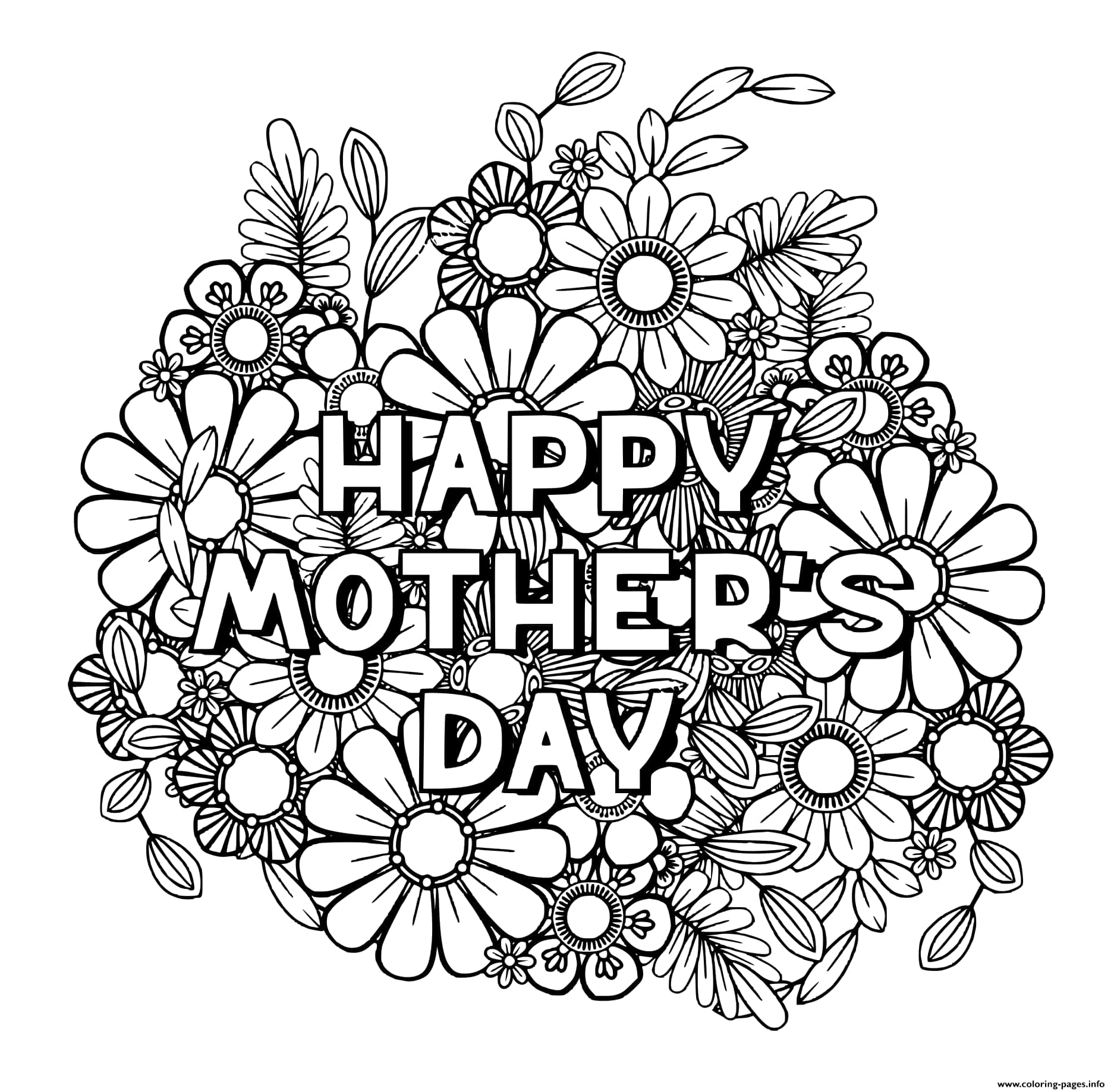 happy mother's day 桌布 壁紙 — 黑白花卉曼陀羅著色頁，粗體文字寫著「HAPPY MOTHER'S DAY」，周圍環繞著複雜的花卉圖案。
