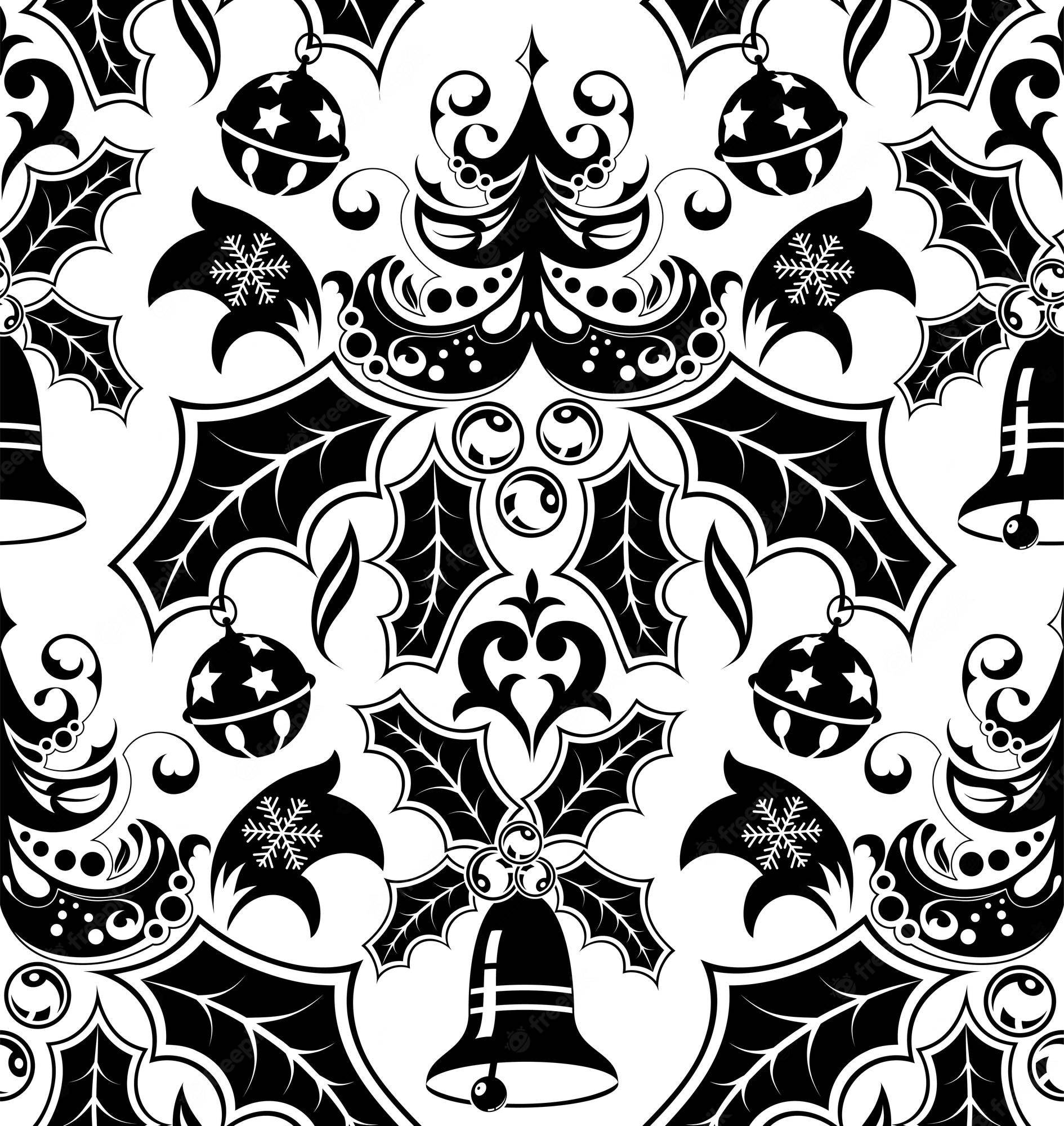 Gothic Christmas 桌布 壁紙 — 黑白華麗聖誕圖案，重複裝飾設計中帶有冬青葉、雪花和鈴鐺。