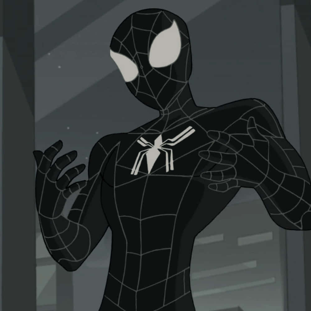 Spiderman Pfp 桌布 壁紙 — 黑白蜘蛛人站在昏暗的城市環境中，雙手張開，發光的白色蛛網線條勾勒出他的戰衣。