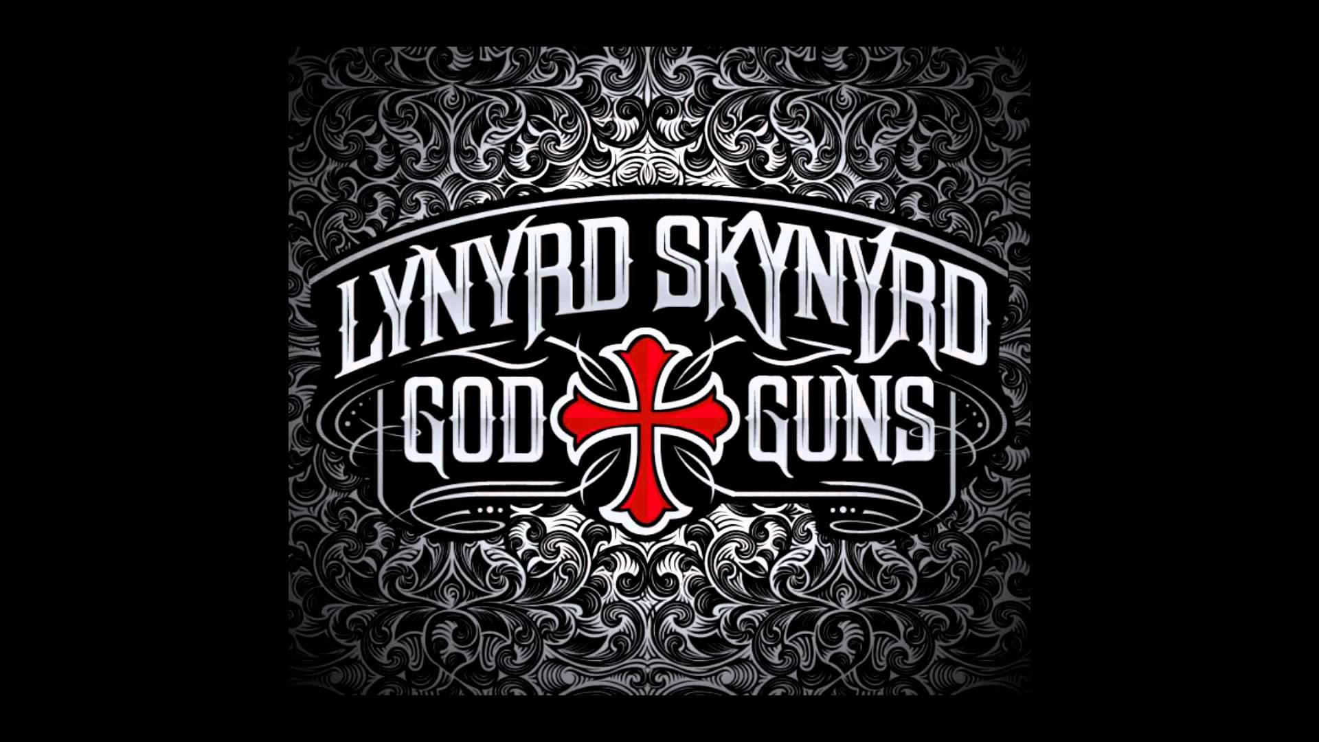 音樂 桌布 壁紙 — 黑白裝飾性壁紙，印有Lynyrd Skynyrd樂團的「God and Guns」標誌和紅色十字架。