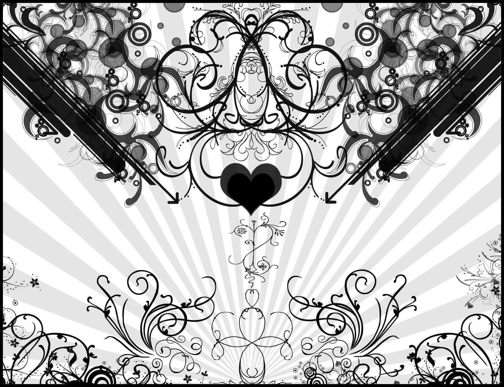 Black And White Heart 桌布 壁紙 — 黑白裝飾性壁紙，帶有從中心心形向四周擴散的漩渦花卉圖案，背景為太陽光線。