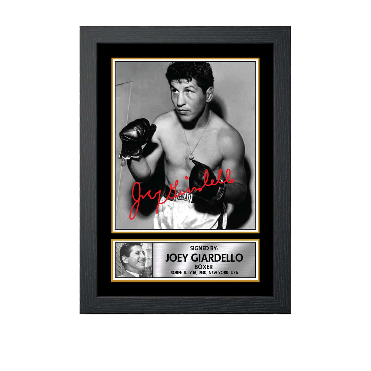 boxer 桌布 壁紙 — 黑白裱框照片，拳擊手Joey Giardello戴手套，紅色簽名，下方有牌匾。
