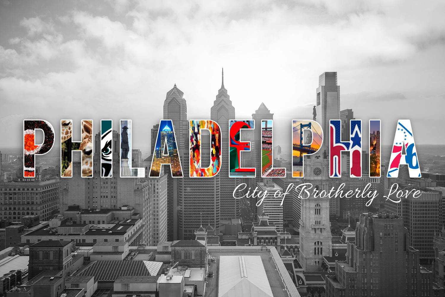 Philadelphia 桌布 壁紙 — 黑白費城天際線，上面疊加彩色字母拼貼，拼出「PHILADELPHIA」和「City of Brotherly Love」。