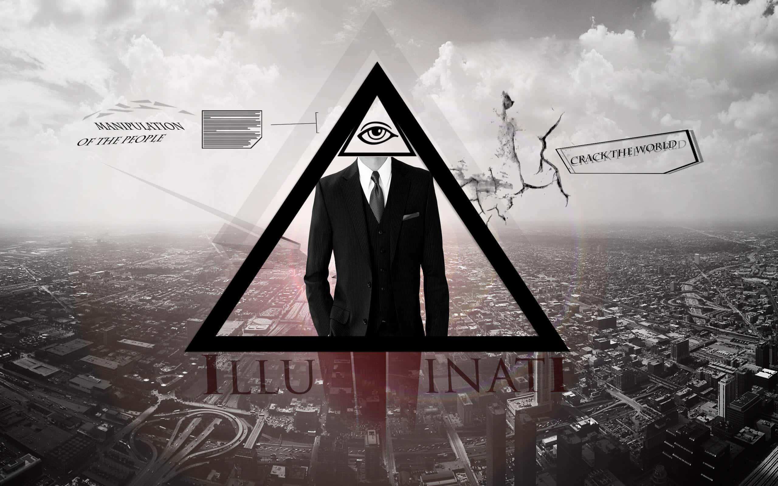 illuminati 桌布 壁紙 — 黑白超現實城市景觀，上面覆蓋一個三角形，內含全視之眼和一個身穿西裝、標有「ILLUMINATI」的人物。