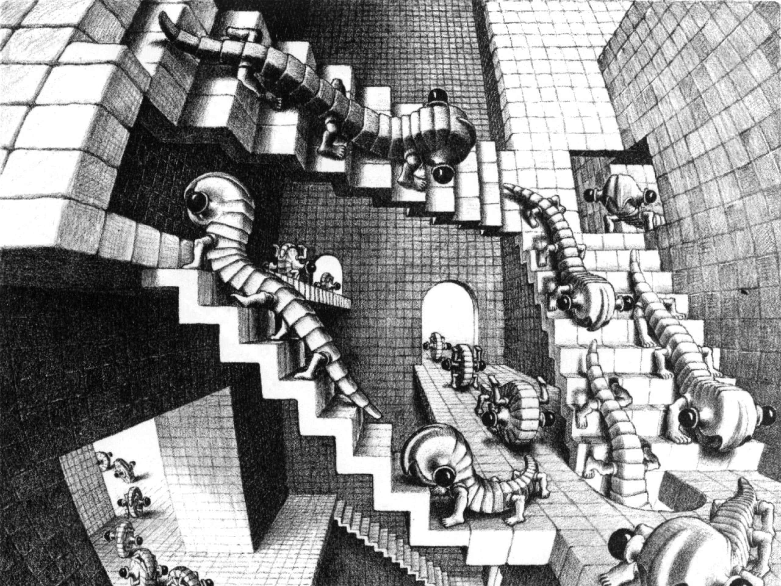 escher 桌布 壁紙 — 黑白超現實插圖，描繪機械蜈蚣在迷宮般的結構中攀爬無盡的瓷磚樓梯。