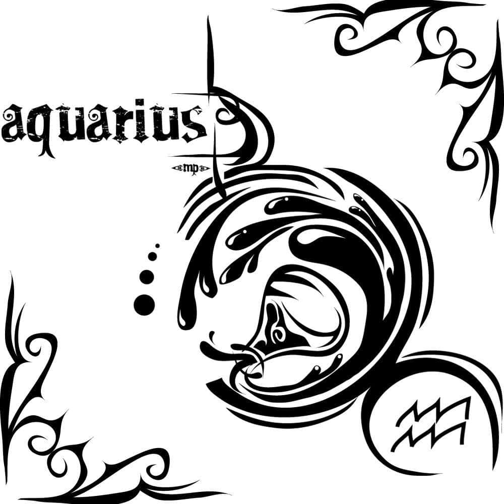 aquarius 桌布 壁紙 — 黑白部落風格水瓶座星座符號，帶有流動的水和華麗的角落裝飾。