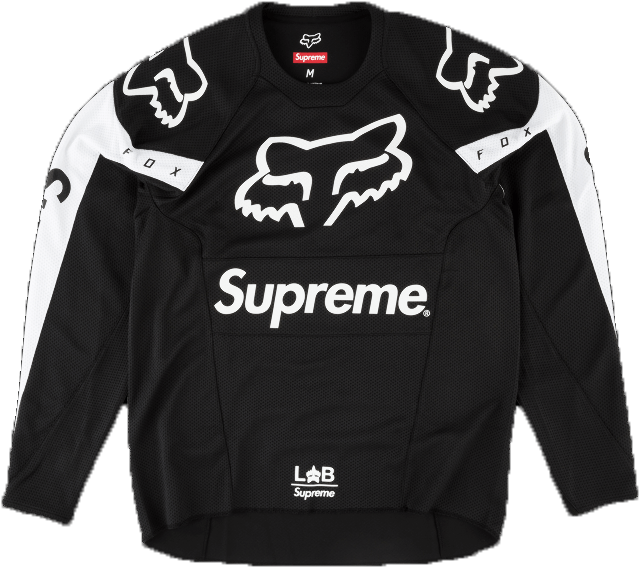 supreme 桌布 壁紙 — 黑白配色Supreme x Fox Racing越野摩托車賽車服，在純黑背景上展示醒目標誌。