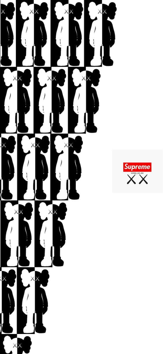 桌布 壁紙 — 黑白重複的KAWS公仔排列成下降的樓梯圖案，角落有Supreme標誌。