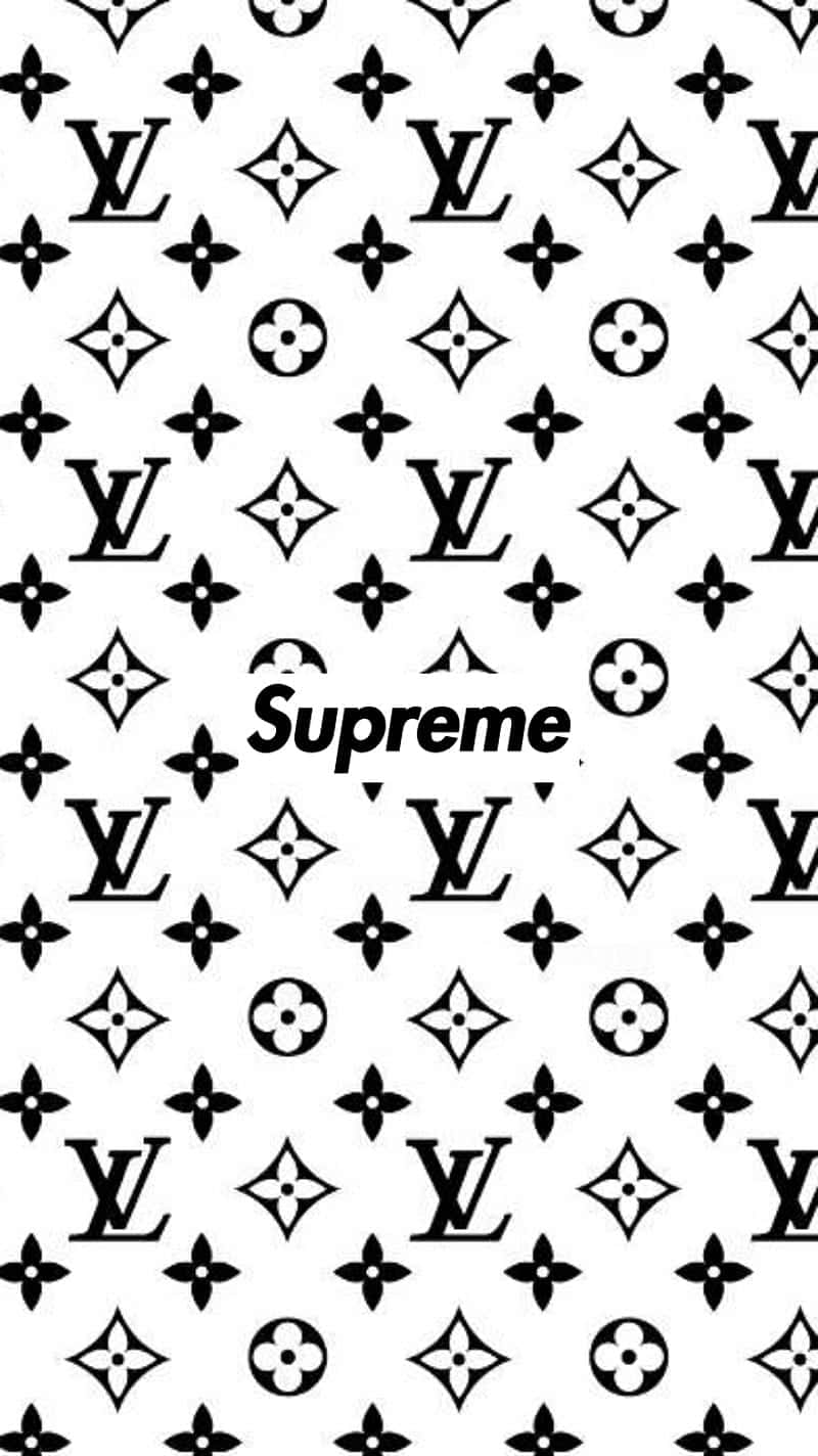 Louis Vuitton Pattern 桌布 壁紙 — 黑白重複路易威登字母圖案，中央有Supreme標誌。
