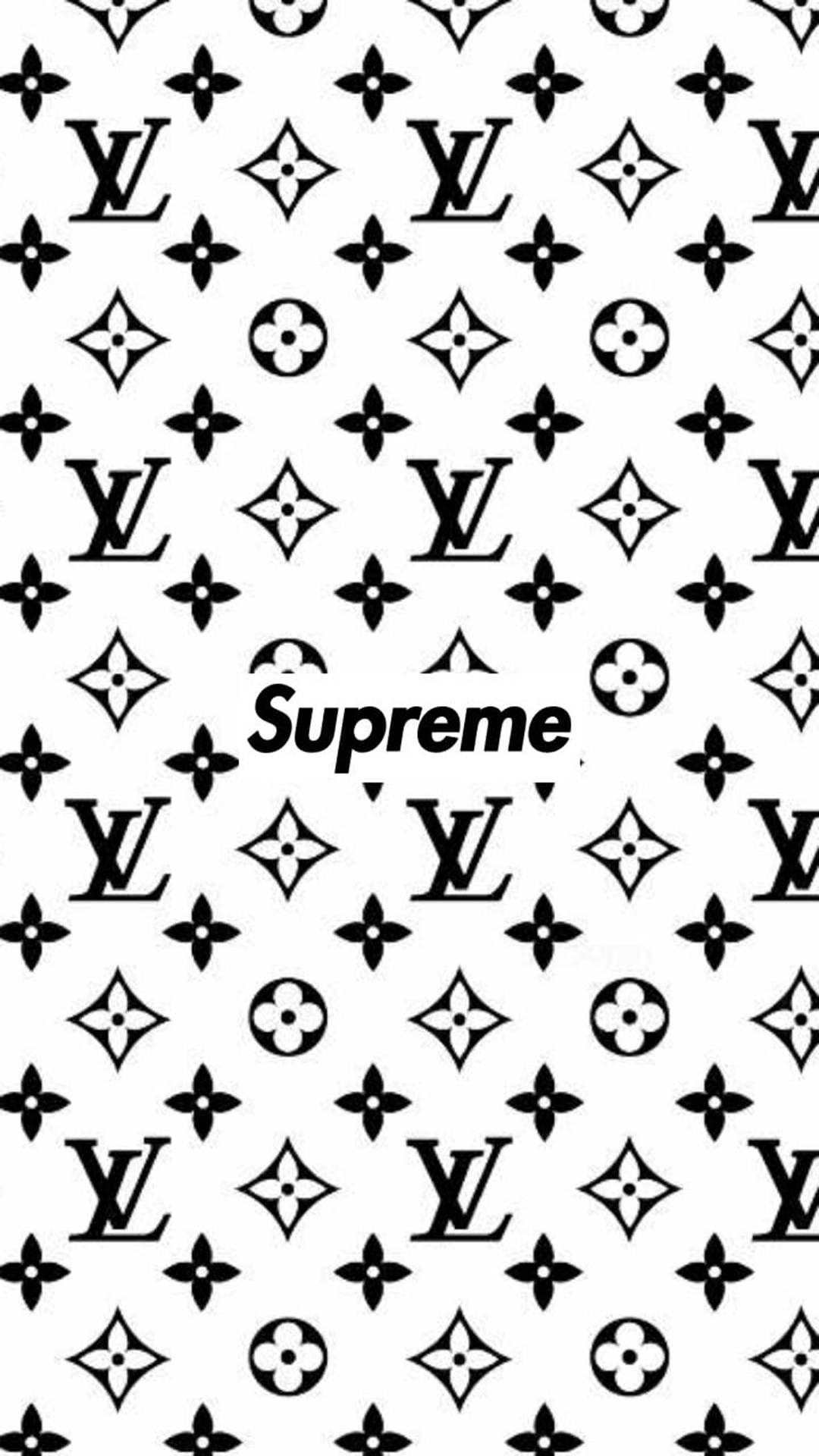  壁紙 — 黑白重複路易威登字母圖案，中央疊加Supreme標誌。
