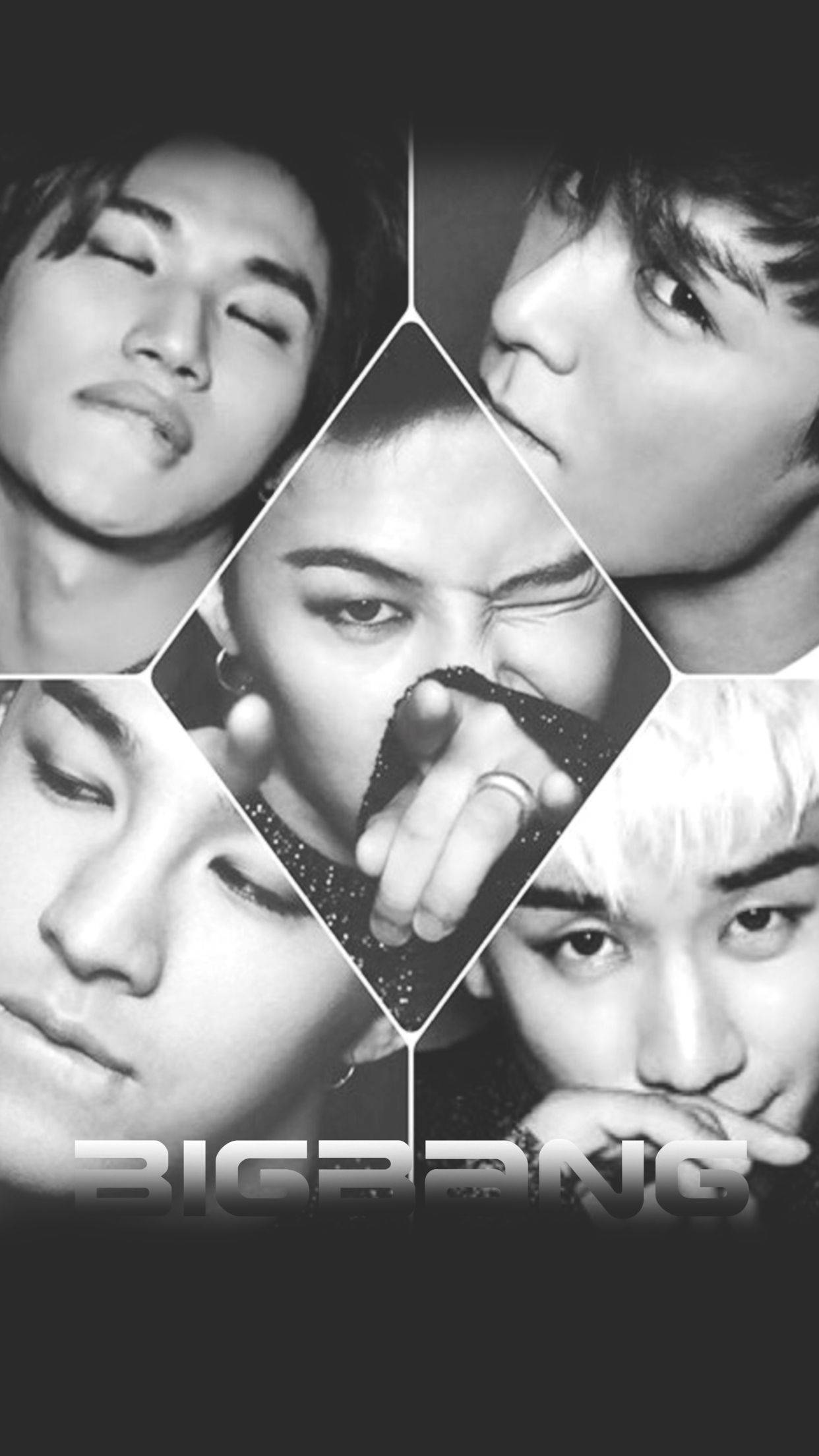 Bigbang 桌布 壁紙 — 黑白鑽石框肖像拼貼，五位K-pop偶像表情強烈，底部有BIGBANG字樣。