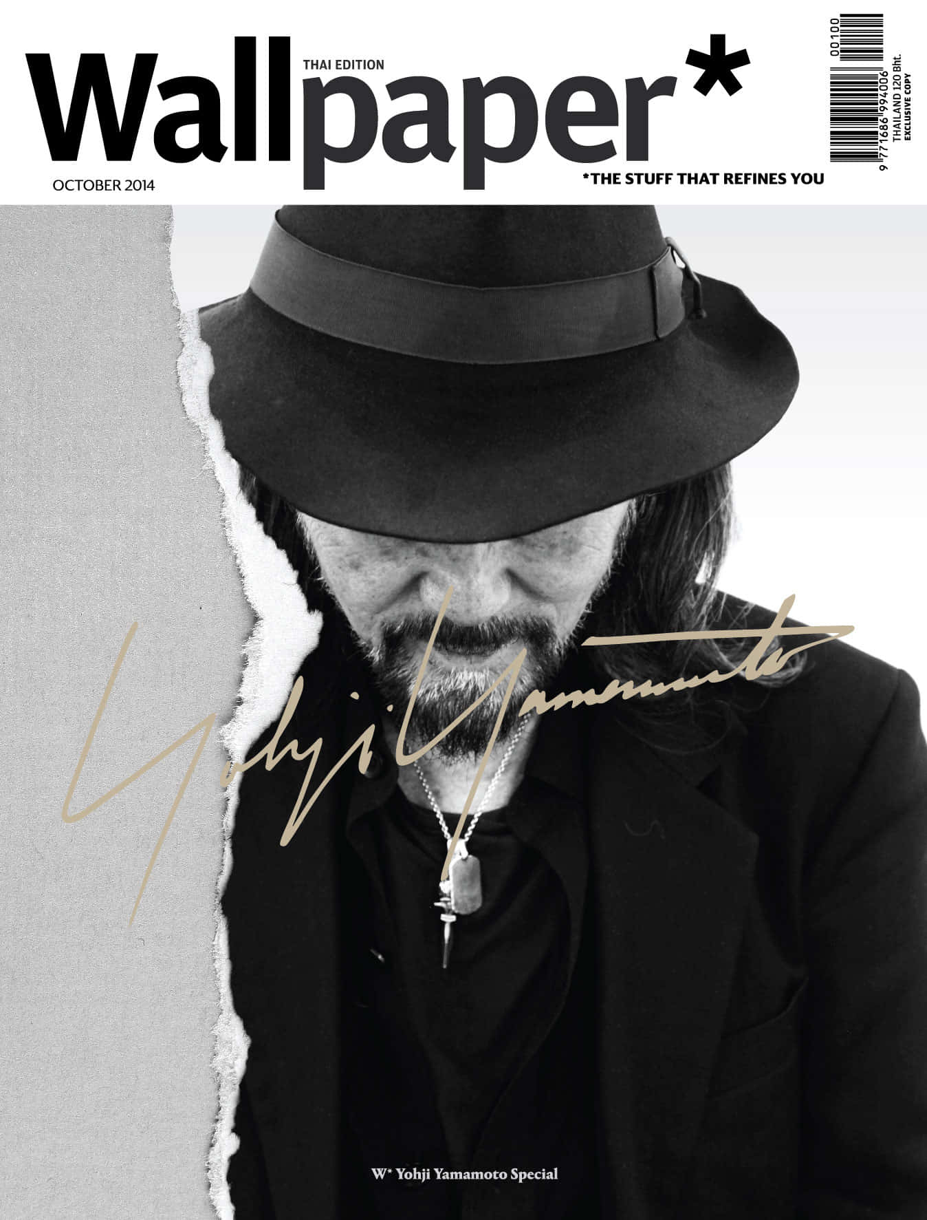 Magazine 桌布 壁紙 — 黑白雜誌封面，山本耀司戴著軟呢帽，以撕紙效果露出他的臉。