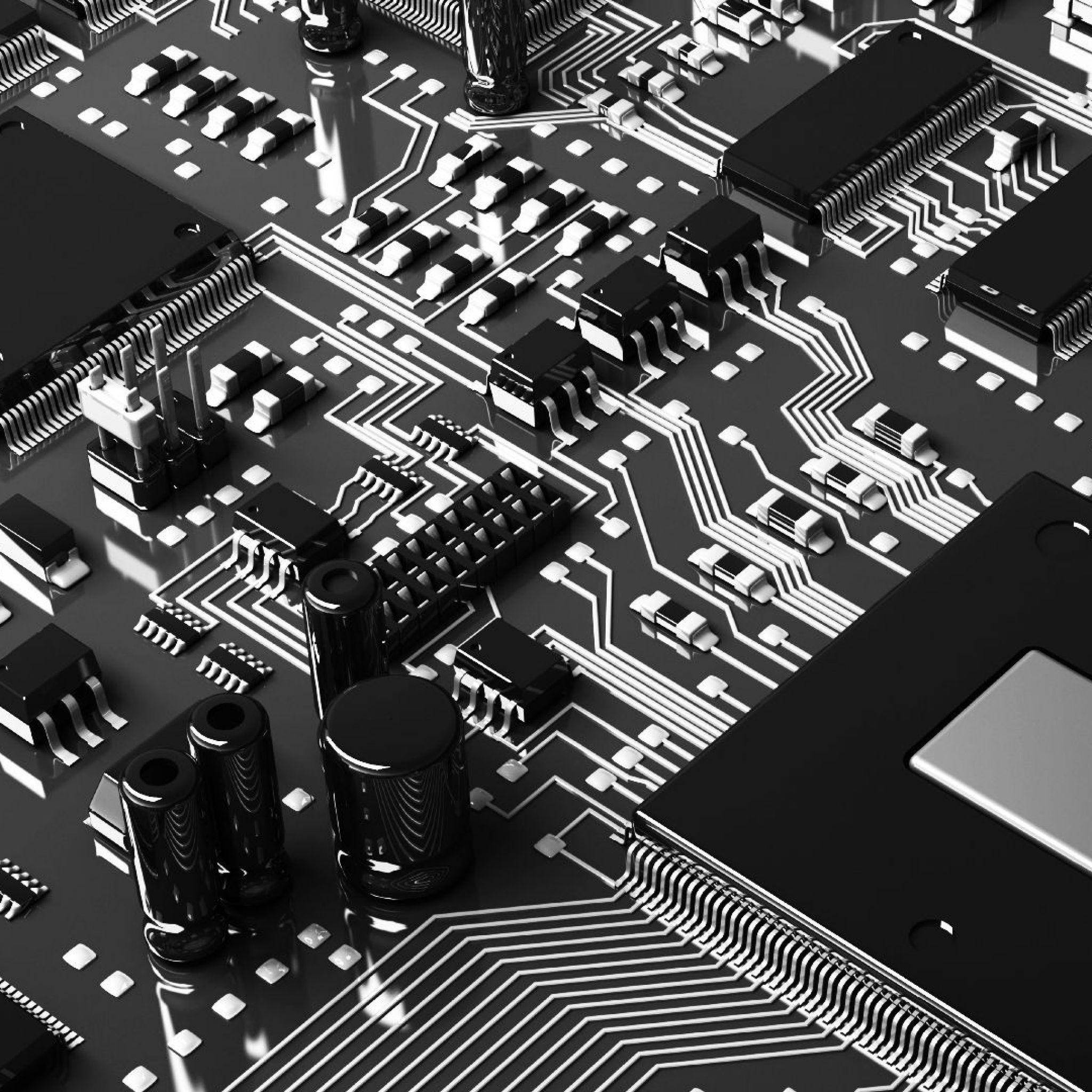 Motherboard 桌布 壁紙 — 黑白電路板的高對比度特寫，帶有複雜的銀色路徑和電子元件。