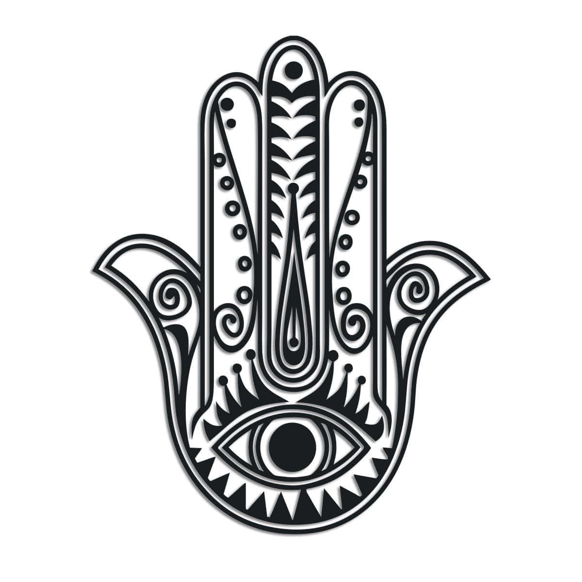 Hamsa 桌布 壁紙 — 黑白風格化的Hamsa手，中心有一隻眼睛，飾有複雜的幾何和漩渦圖案。