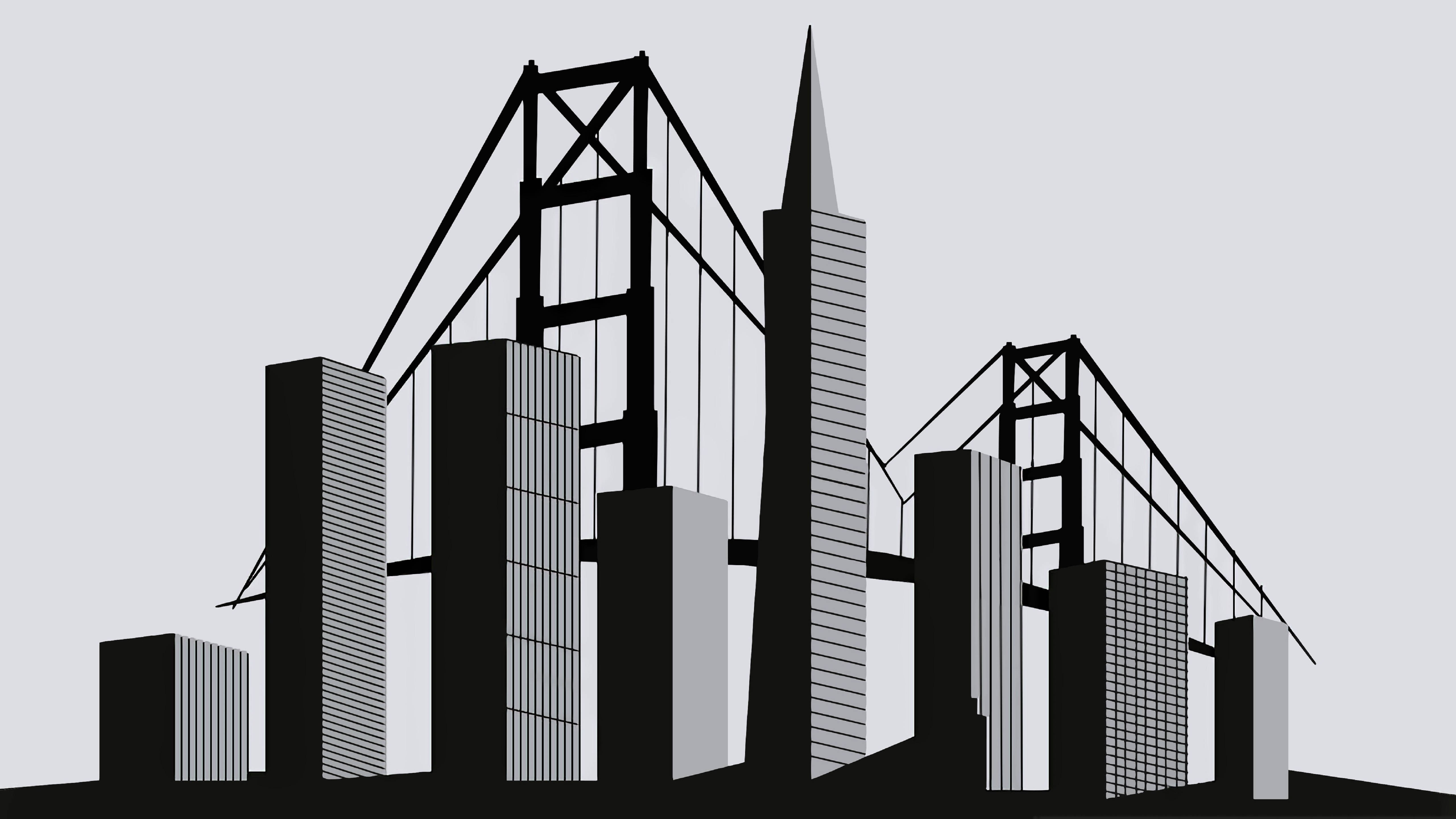 Architecture 桌布 壁紙 — 黑白風格化的城市景觀，高聳的摩天大樓和標誌性的懸索橋，背景是淺灰色的天空。