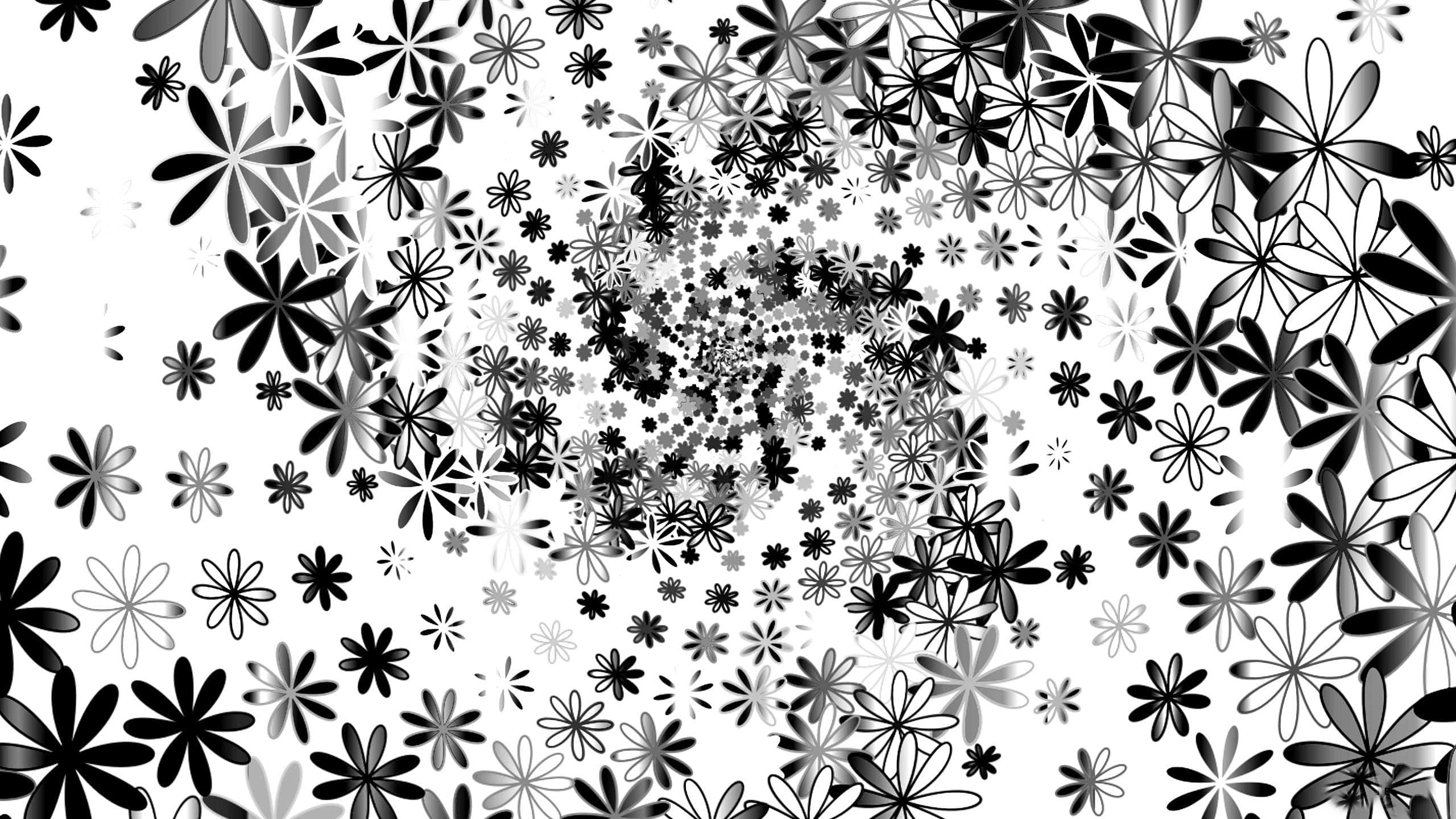 Black And White Pattern 桌布 壁紙 — 黑白風格化花朵的旋轉漩渦，在明亮背景上營造出催眠般的隧道效果。