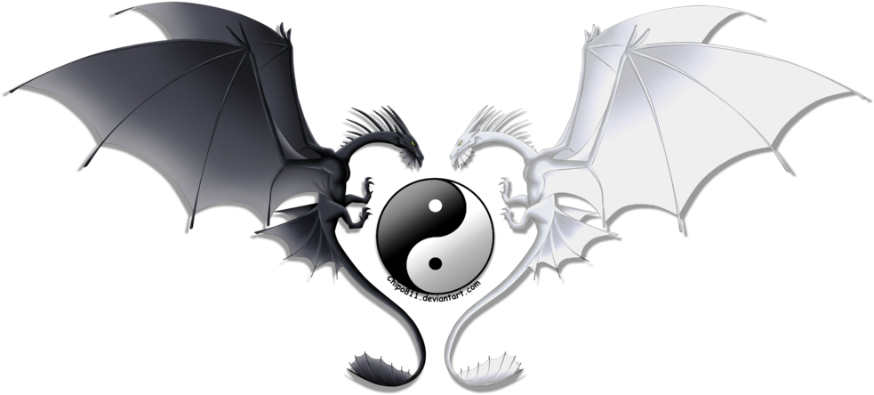 龍 桌布 壁紙 — 黑白龍在黑色背景上的心形陰陽符號中對峙。