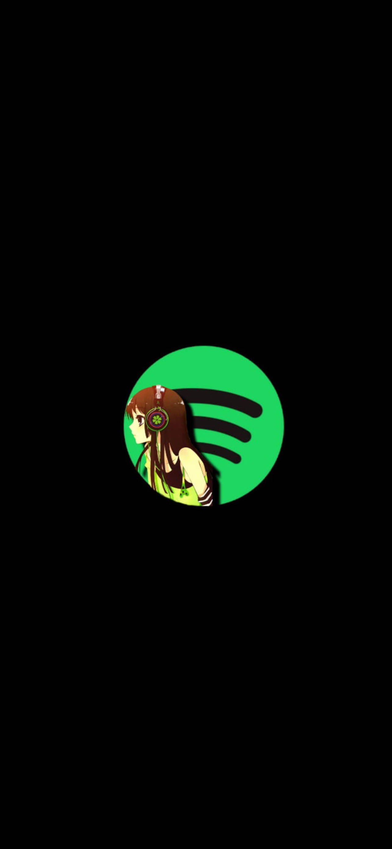 Spotify 桌布 壁紙 — 黑背景上，Spotify標誌中央有一位戴耳機的棕色頭髮動漫女孩。