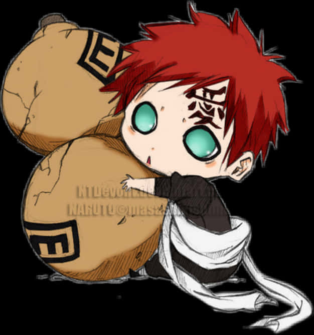 Gaara Naruto Anime 桌布 壁紙 — 黑背景上，紅髮綠眼的Q版動漫角色攜帶兩個大型棕色卷軸。