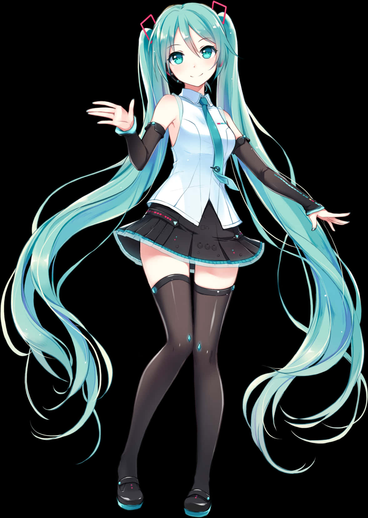 Vocaloid 桌布 壁紙 — 黑背景前，一位擁有長長青綠色頭髮和藍色眼睛的動漫女孩，身穿白色上衣、黑色裙子和及膝長襪。