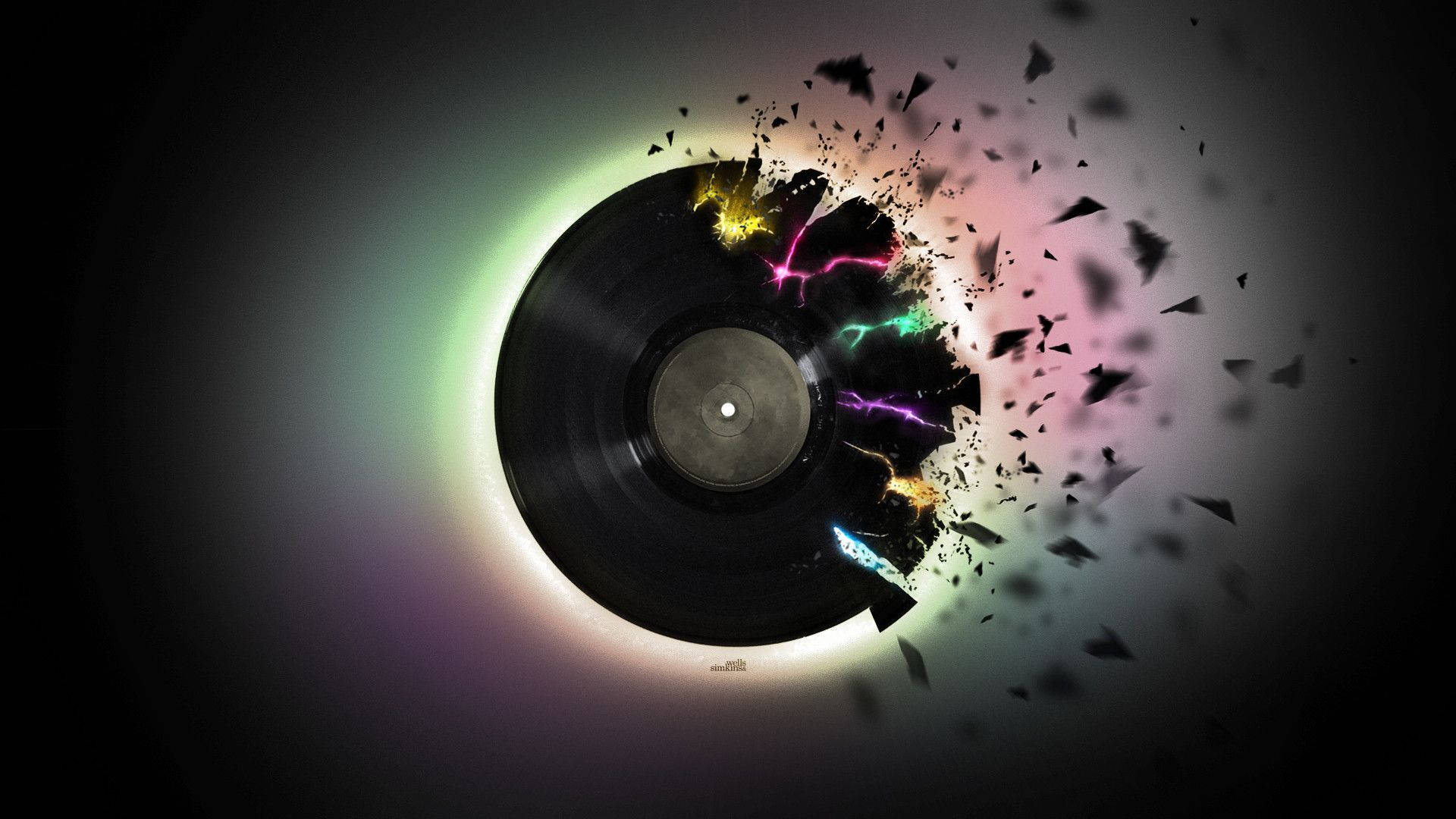 Beautiful Music 桌布 壁紙 — 黑膠唱片在漸層發光背景上爆炸性地碎裂，伴隨著霓虹閃電。