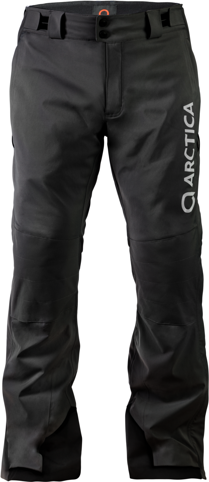 clothing 桌布 壁紙 — 黑色 Arctica 品牌滑雪褲，帶有加固縫線和工裝口袋，背景為純白色。