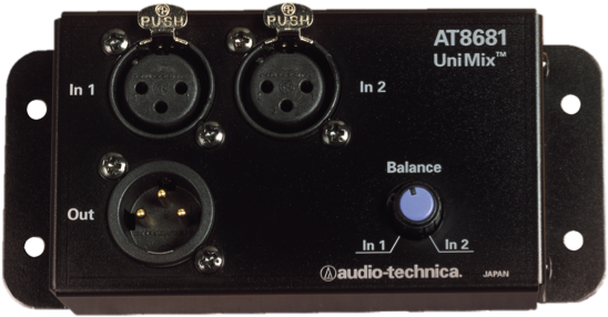 Sound Audio 桌布 壁紙 — 黑色 Audio-Technica AT8681 UniMix 音頻混音器的特寫，具有 XLR 輸入輸出和藍色平衡旋鈕。
