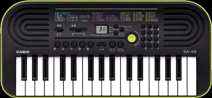 音樂 桌布 壁紙 — 黑色 Casio SA-46 鍵盤，帶有白色和黑色琴鍵、控制按鈕和顯示31的數字顯示屏。