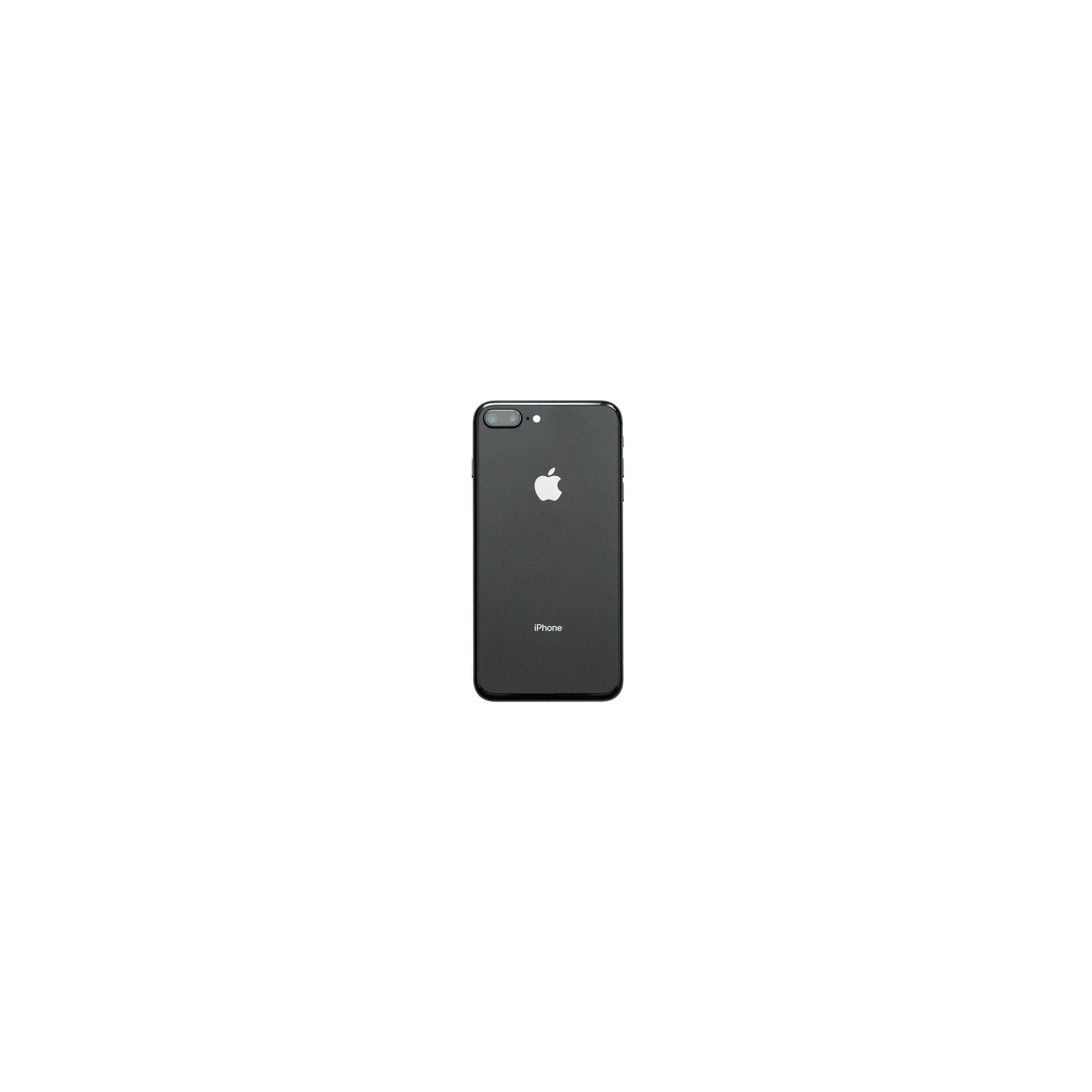 iPhone 8 桌布 壁紙 — 黑色 iPhone 7 Plus 背面視圖，Apple 標誌居中，背景為純白色。
