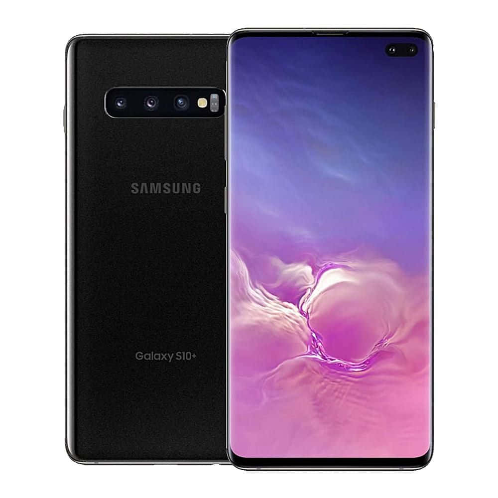 Galaxy S10 桌布 壁紙 — 黑色 Samsung Galaxy S10+ 智慧型手機正面和背面展示，帶有充滿活力的紫粉漸變螢幕桌布。