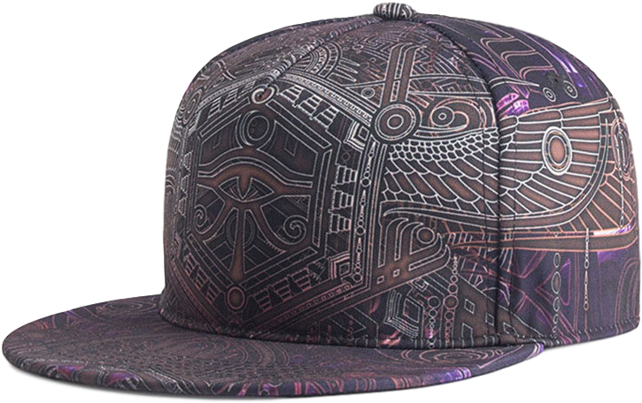 嘻哈 桌布 壁紙 — 黑色 snapback 帽，帶有複雜的紫色和金色古埃及象形文字及有翼神祇圖案。