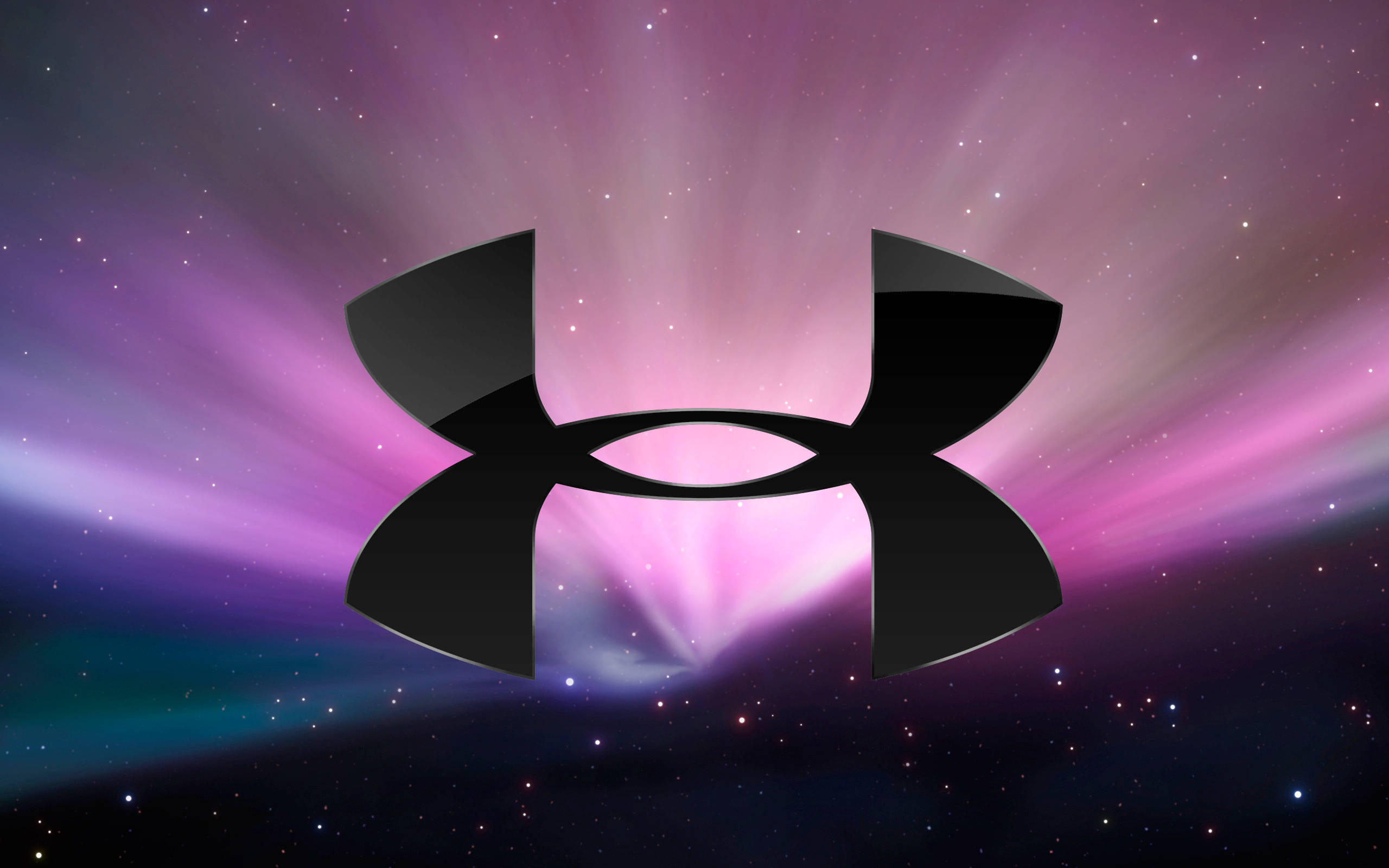 Under 桌布 壁紙 — 黑色 Under Armour 標誌居中，背景為充滿活力的宇宙背景，帶有紫色、粉紅色和藍綠色的極光射線和星場。