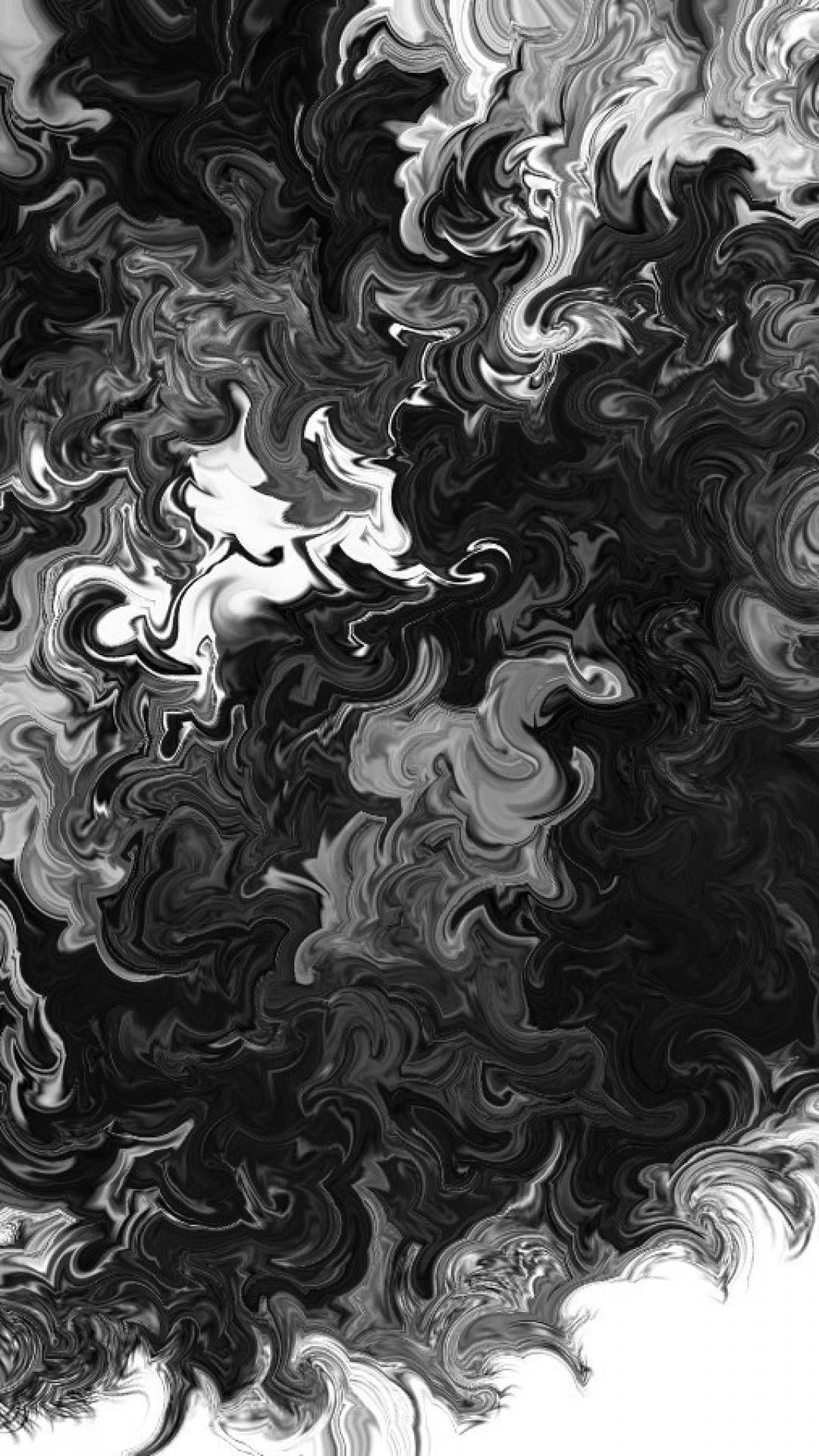 Painting 桌布 壁紙 — 黑色、白色和灰色墨水的動態漩渦，創造出類似宇宙煙霧或液體大理石的抽象流體運動。