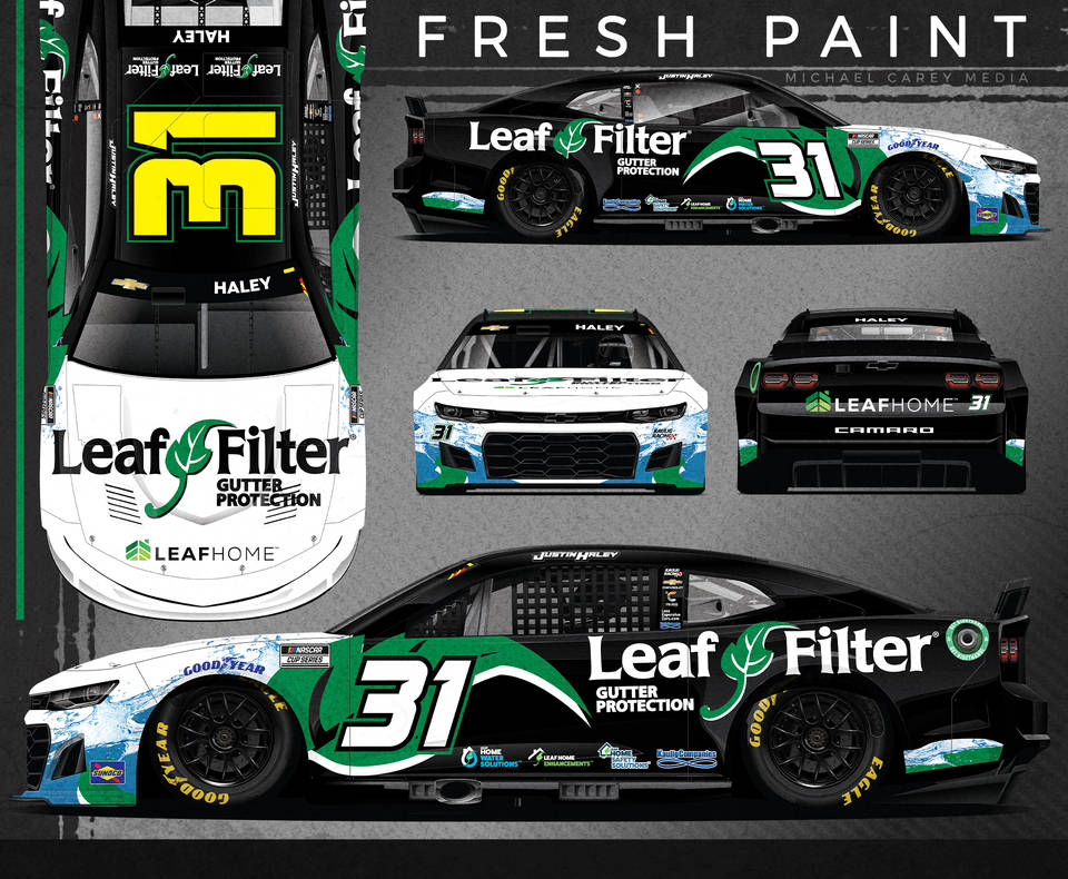 賽車 桌布 壁紙 — 黑色、白色和綠色的 #31 Leaf Filter NASCAR Camaro 賽車的詳細多角度渲染圖，帶有贊助商貼紙。