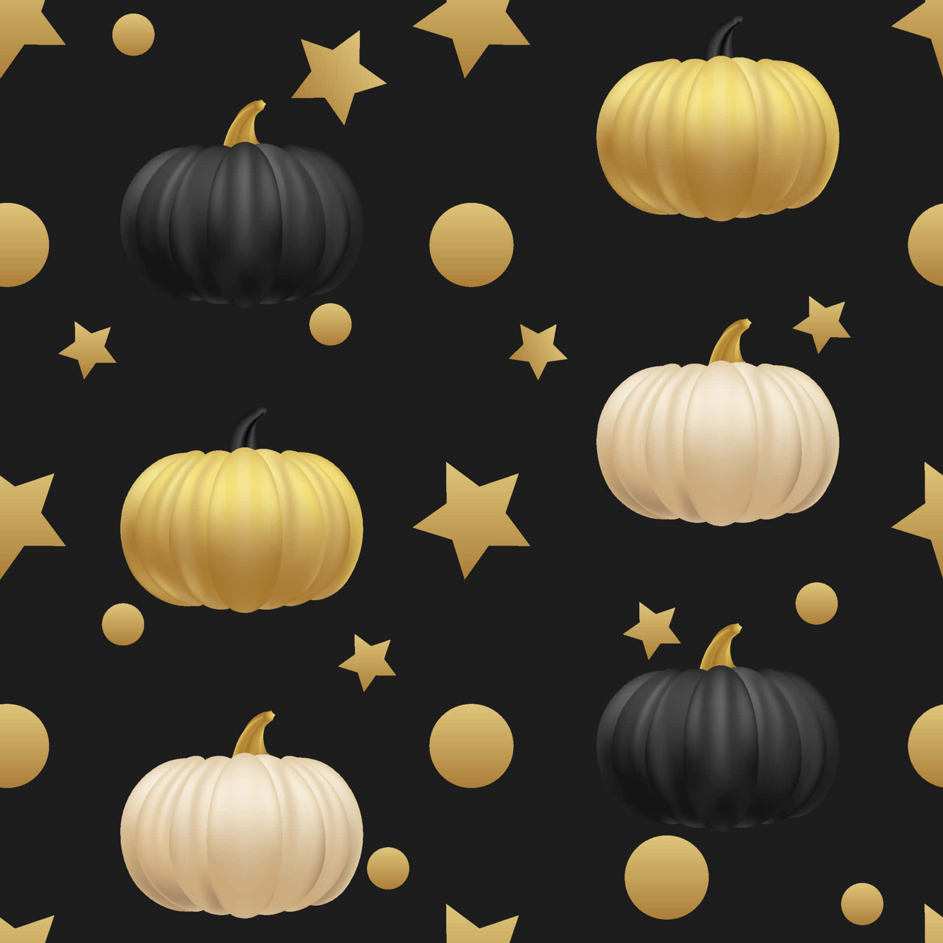 Fall Festival 桌布 壁紙 — 黑色、白色和金色的南瓜漂浮在星星和球體之間，在深色背景上形成節日萬聖節圖案。