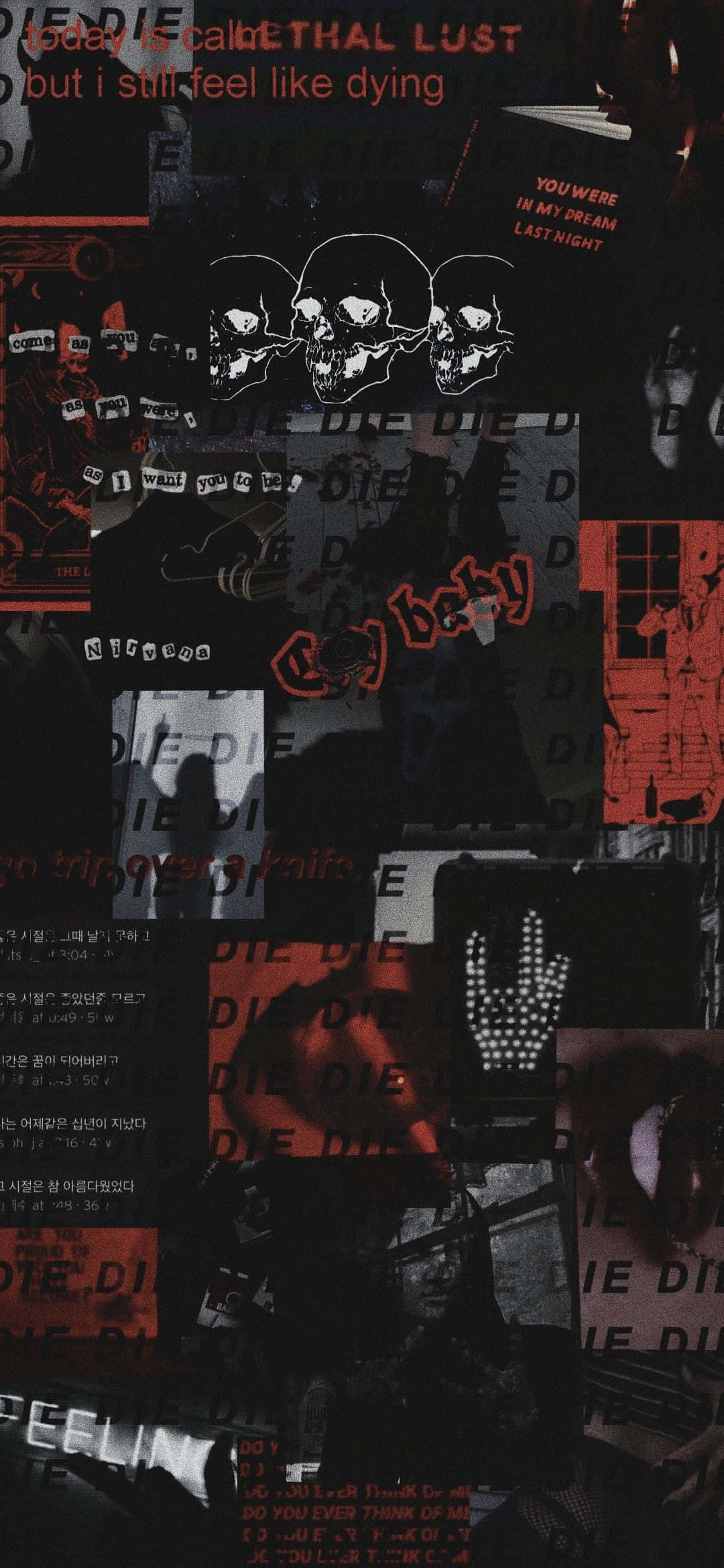 Red Collage 桌布 壁紙 — 黑色、紅色和白色的黑暗拼貼桌布，包含骷髏頭、文字碎片和故障效果圖像。
