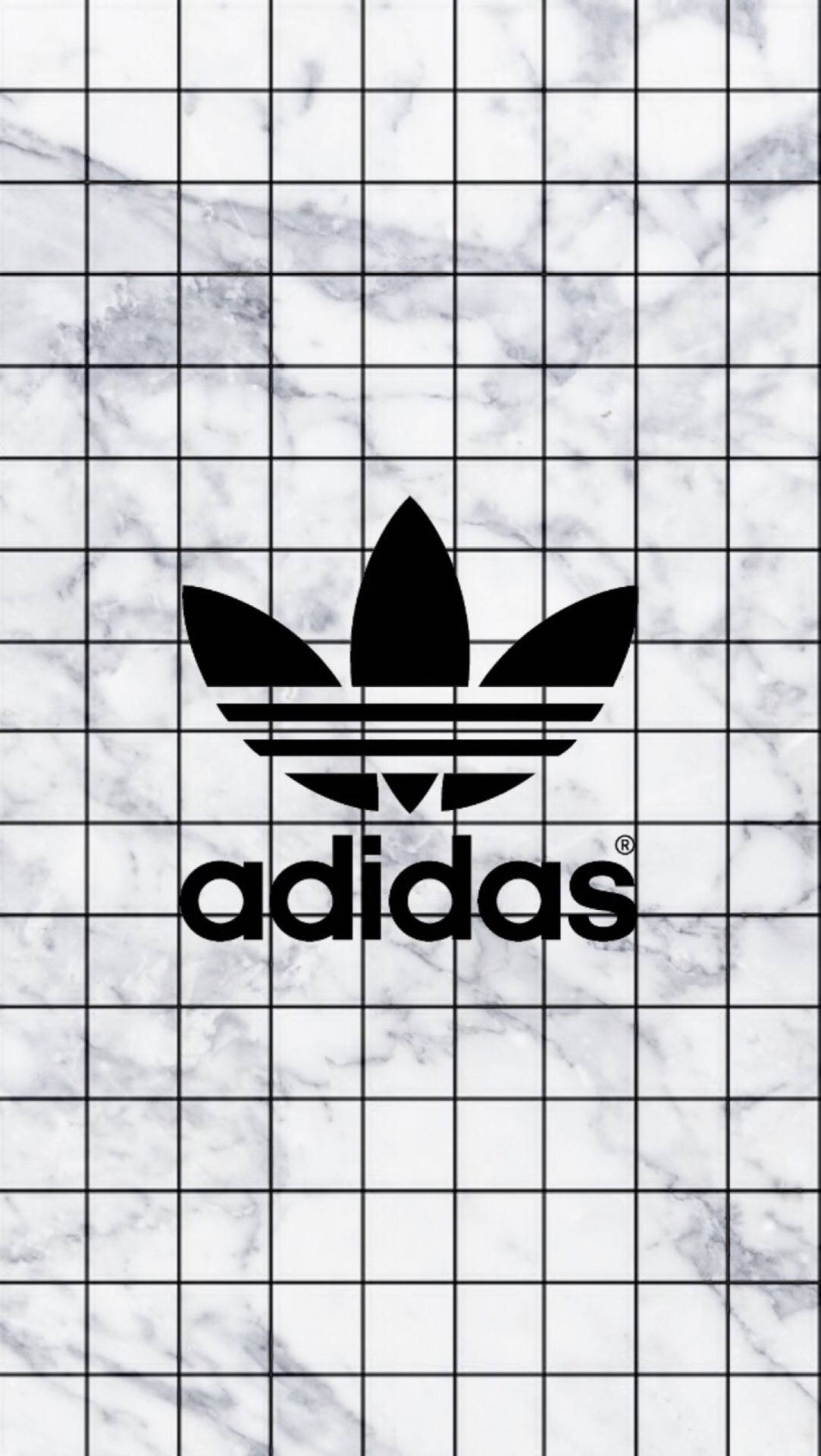 愛迪達 桌布 壁紙 — 黑色Adidas標誌居中於白色大理石上，帶有網格疊加，營造出大膽的極簡美學。