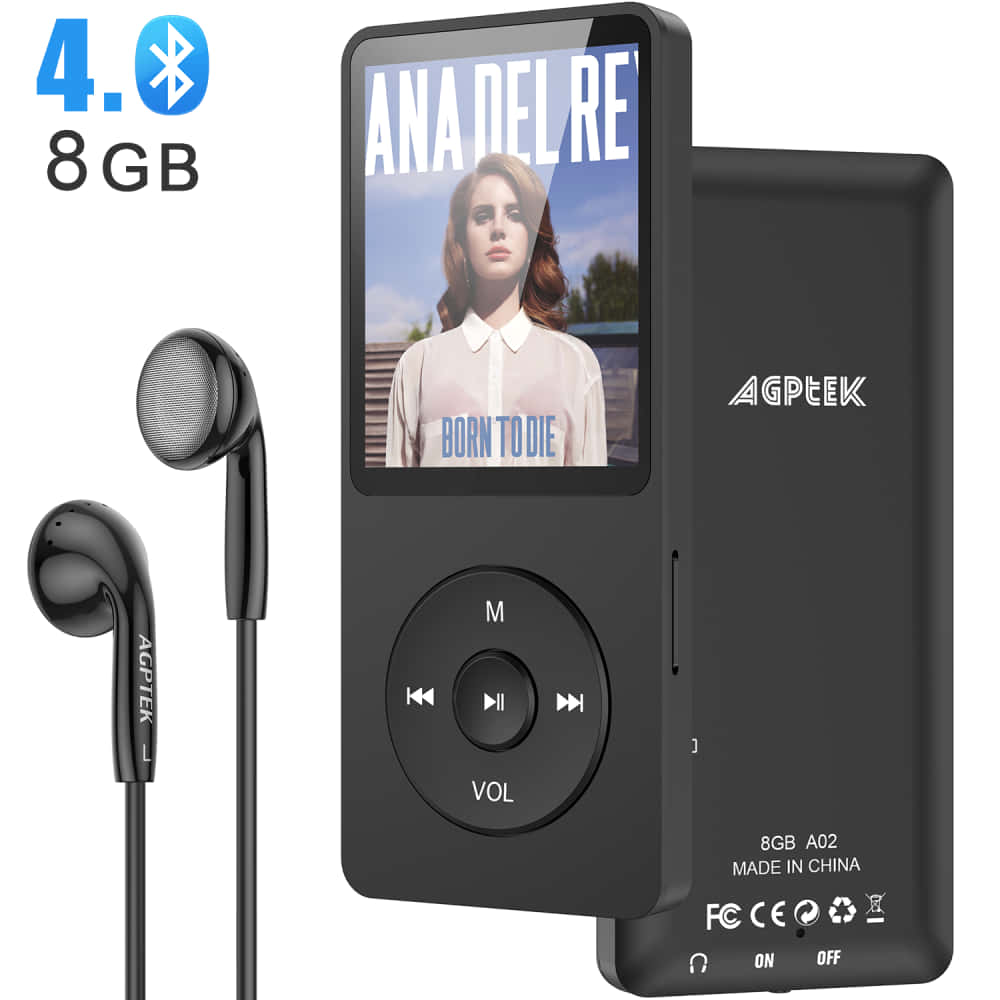 Music Player 桌布 壁紙 — 黑色AGPTEK 8GB藍牙MP3播放器連耳機，在純白背景上顯示Ana Delre的專輯封面。