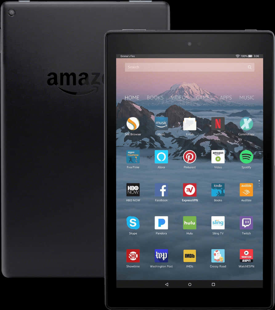 平板電腦 桌布 壁紙 — 黑色Amazon Fire平板電腦正面和背面顯示雪山壁紙和應用程式圖標。