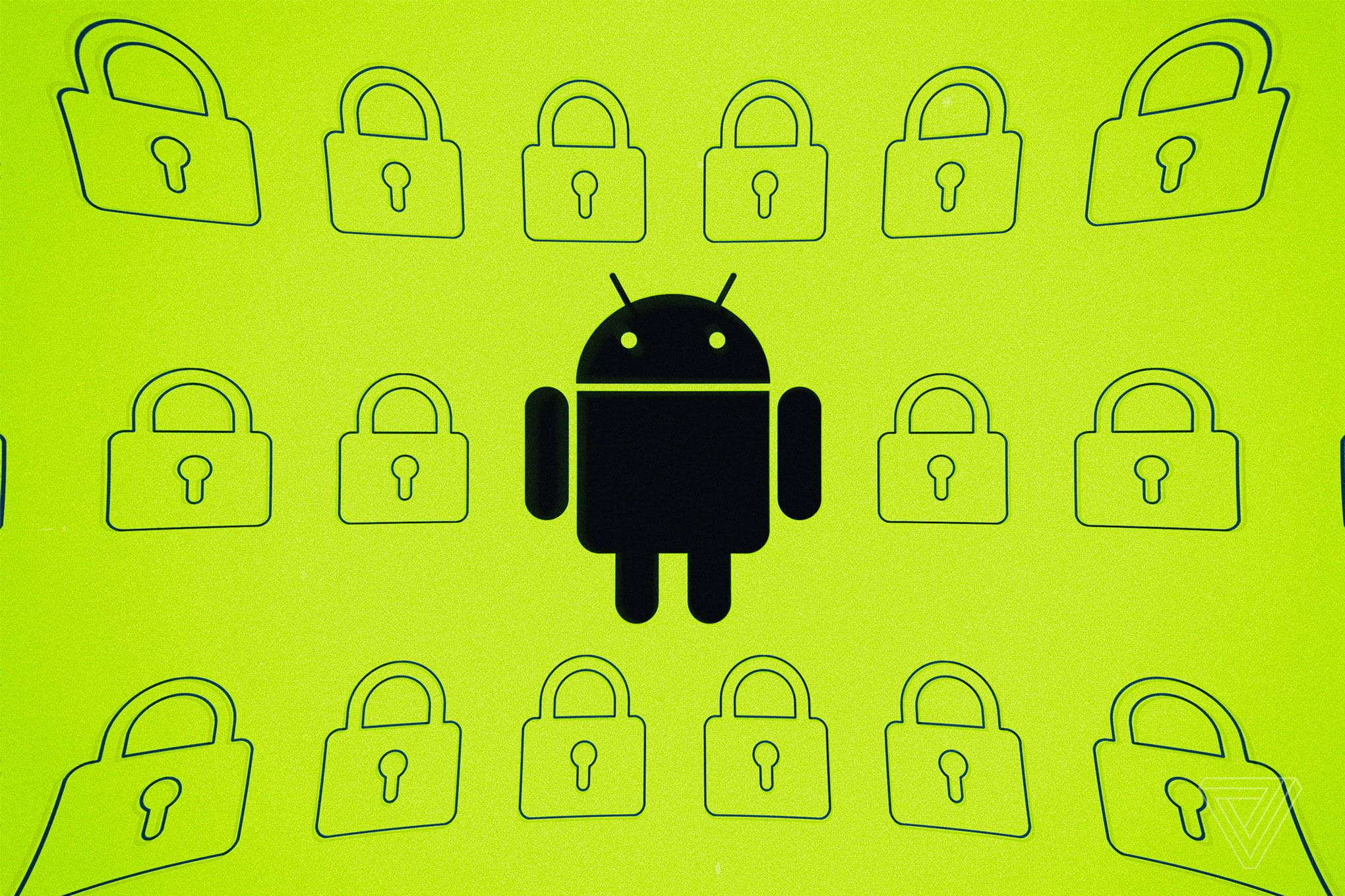 Android Desktop 桌布 壁紙 — 黑色Android吉祥物置於重複掛鎖圖示中央，背景為鮮亮萊姆綠色。