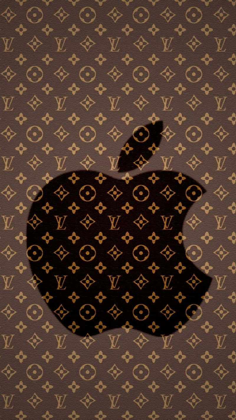 Louis Vuitton Pattern 桌布 壁紙 — 黑色Apple標誌剪影覆蓋在棕色Louis Vuitton字母圖案壁紙上。