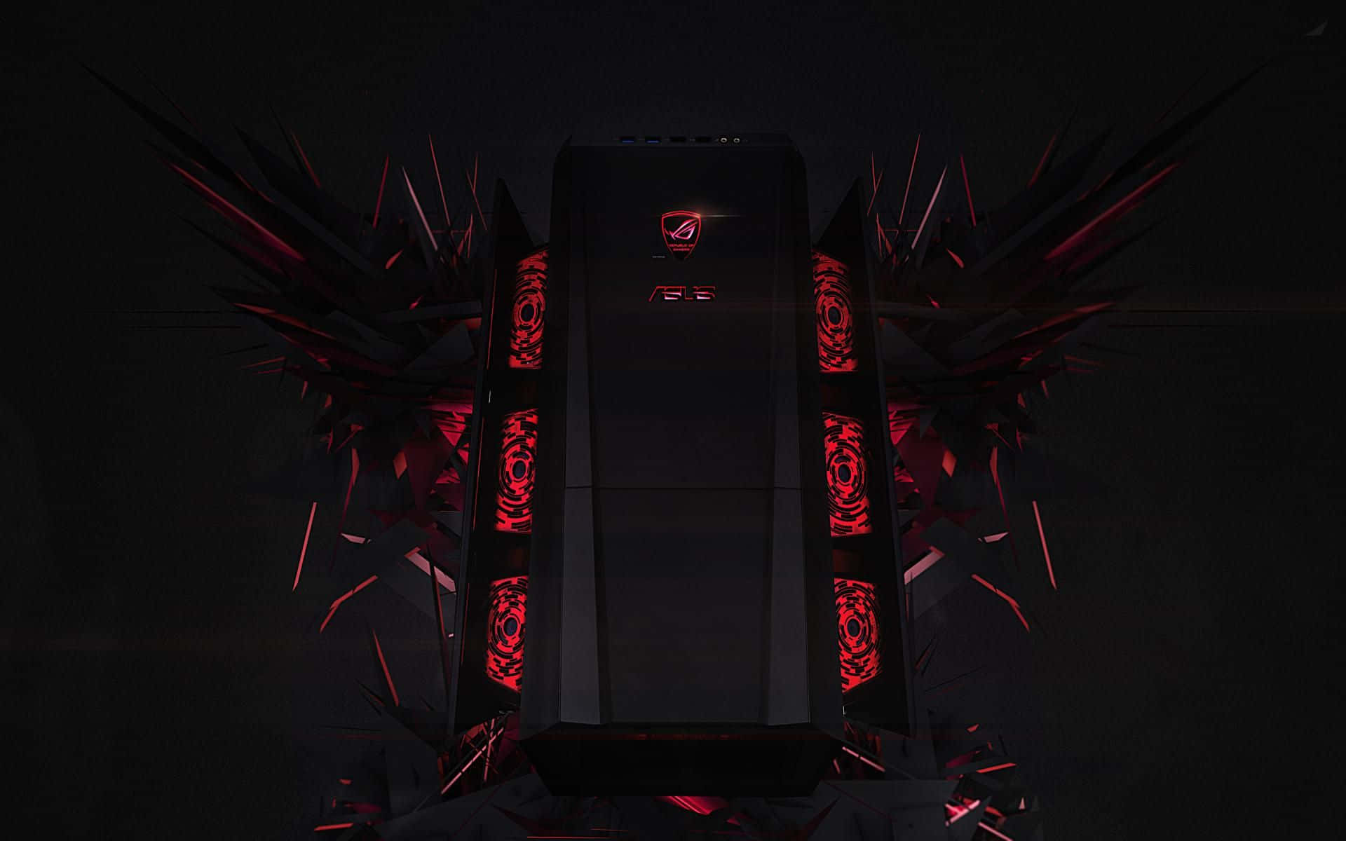 AMD 桌布 壁紙 — 黑色ASUS ROG遊戲PC機箱，帶有發光紅色風扇和角形翼狀結構，背景為深色。
