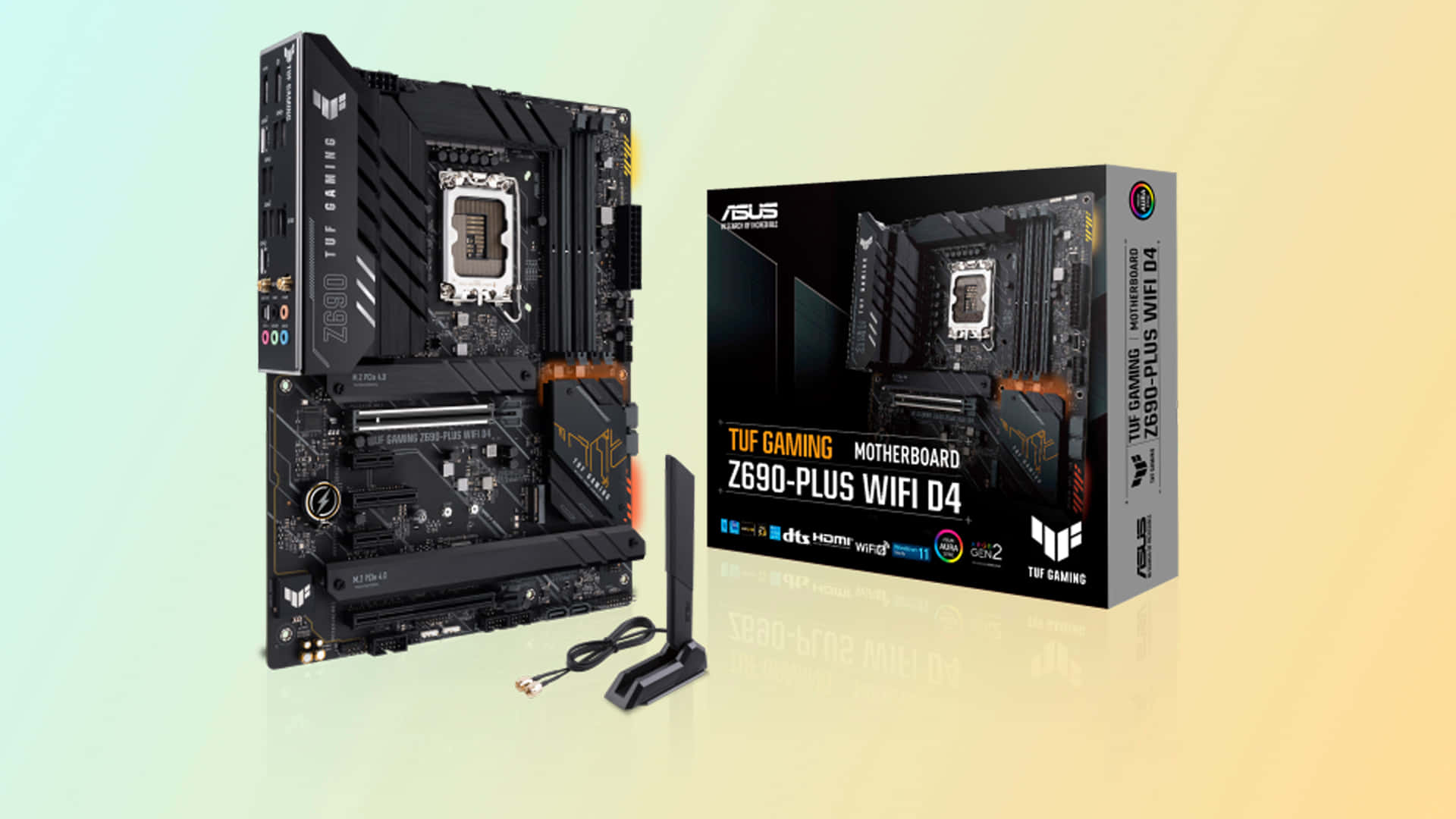 ASUS 桌布 壁紙 — 黑色ASUS TUF Gaming Z690-Plus WiFi D4主機板連同其零售盒展示在漸層背景上。