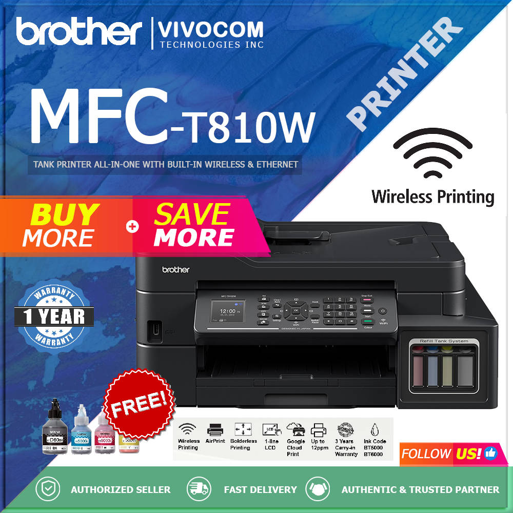 advertising 桌布 壁紙 — 黑色Brother MFC-T810W坦克印表機，配備無線和乙太網路功能，顯示在藍色抽象背景上，帶有促銷文字和墨水罐。